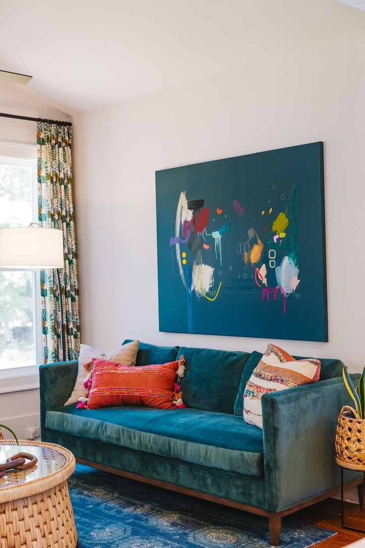 Moon Haven living room with teal sofa